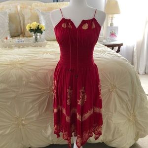 Red embroidered handkerchief hem sundress
